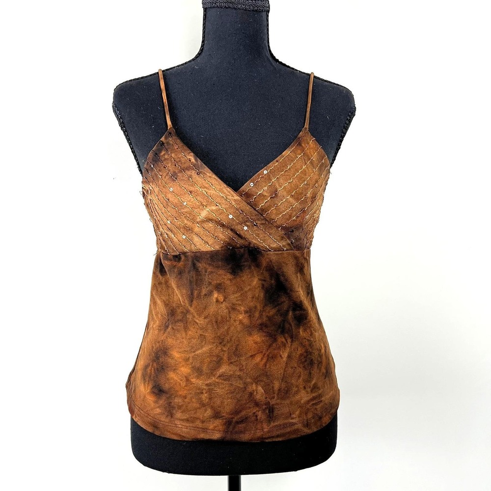 MCM Brown Marbled Sequin V-Neck Spaghetti Strap Camisole Top L Y2k Vtg Grunge